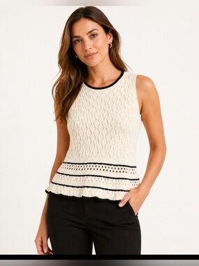 Ellen Tracy Sleeveless Knit Top Cream Black Textured Peplum Hem Size L